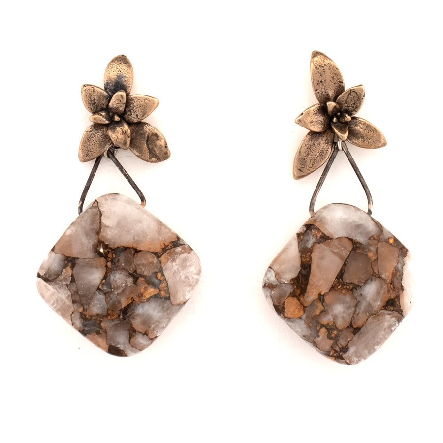 bronze floral succulent stud earrings with copper calcite drops