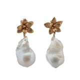 gold vermeil floral succulent stud earrings with large flame freshwater pearl drops