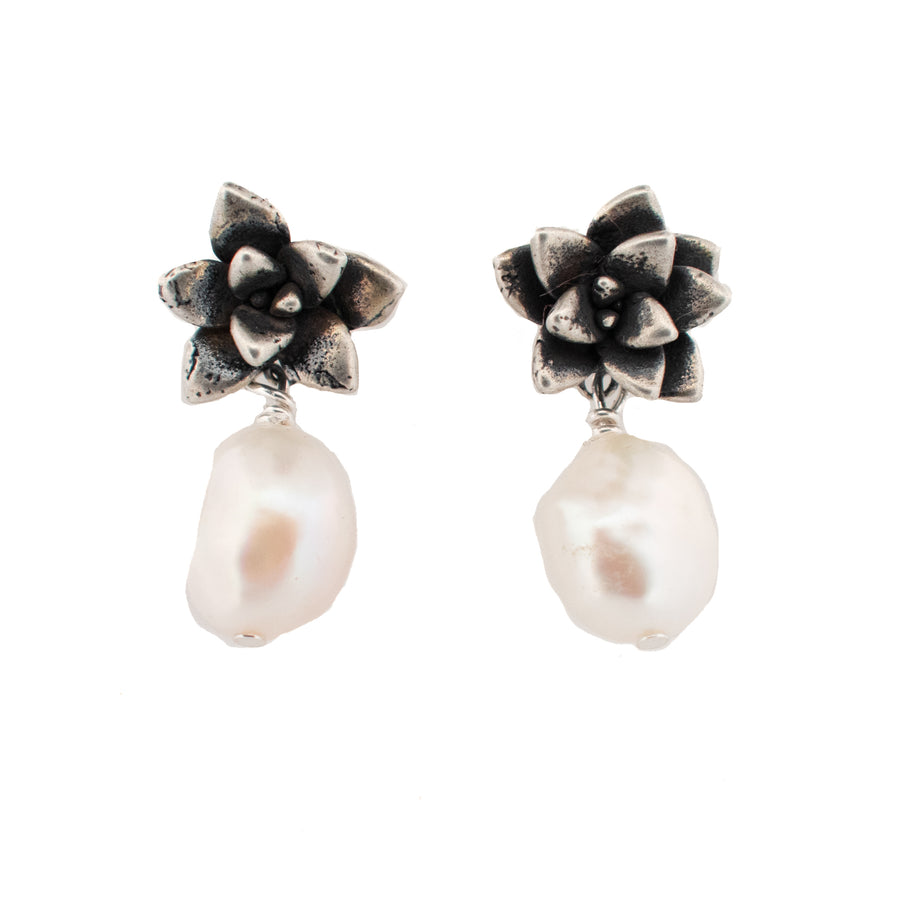 floral succulent stud earrings with flame pearl drops