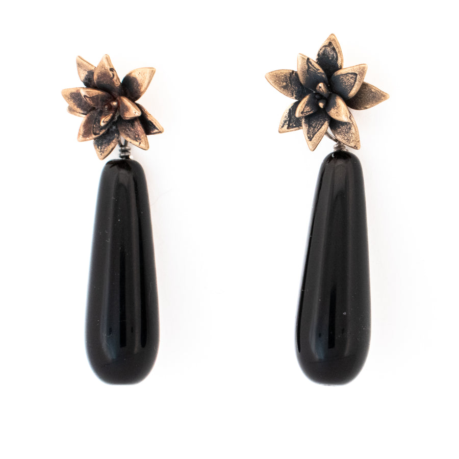 bronze floral succulent stud earrings with black onyx drops