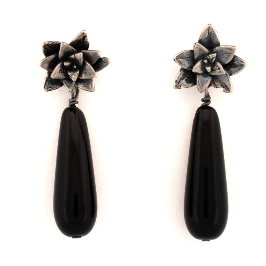 sterling silver floral succulent stud earrings with black onyx drops