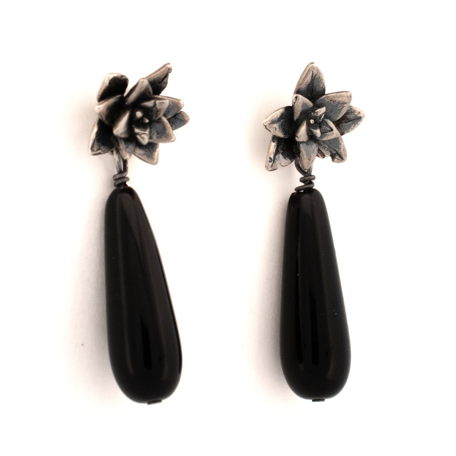 sterling silver floral succulent stud earrings with black onyx drops
