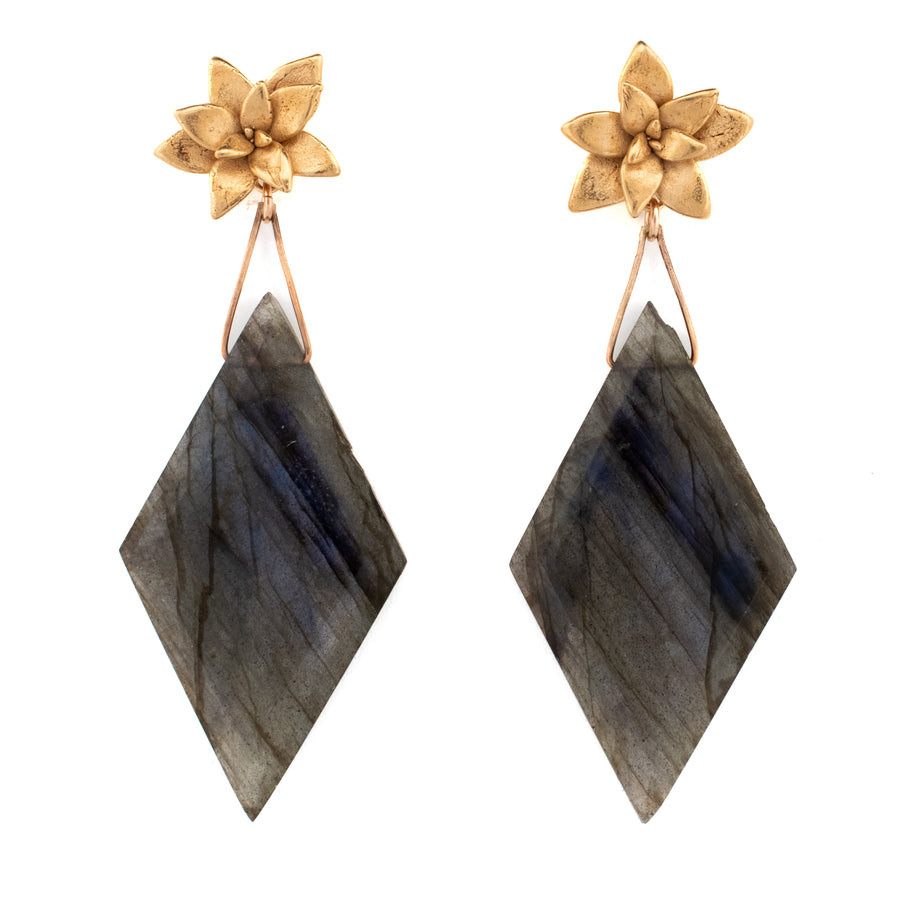gold vermeil floral succulent stud earrings with labradorite diamond drops