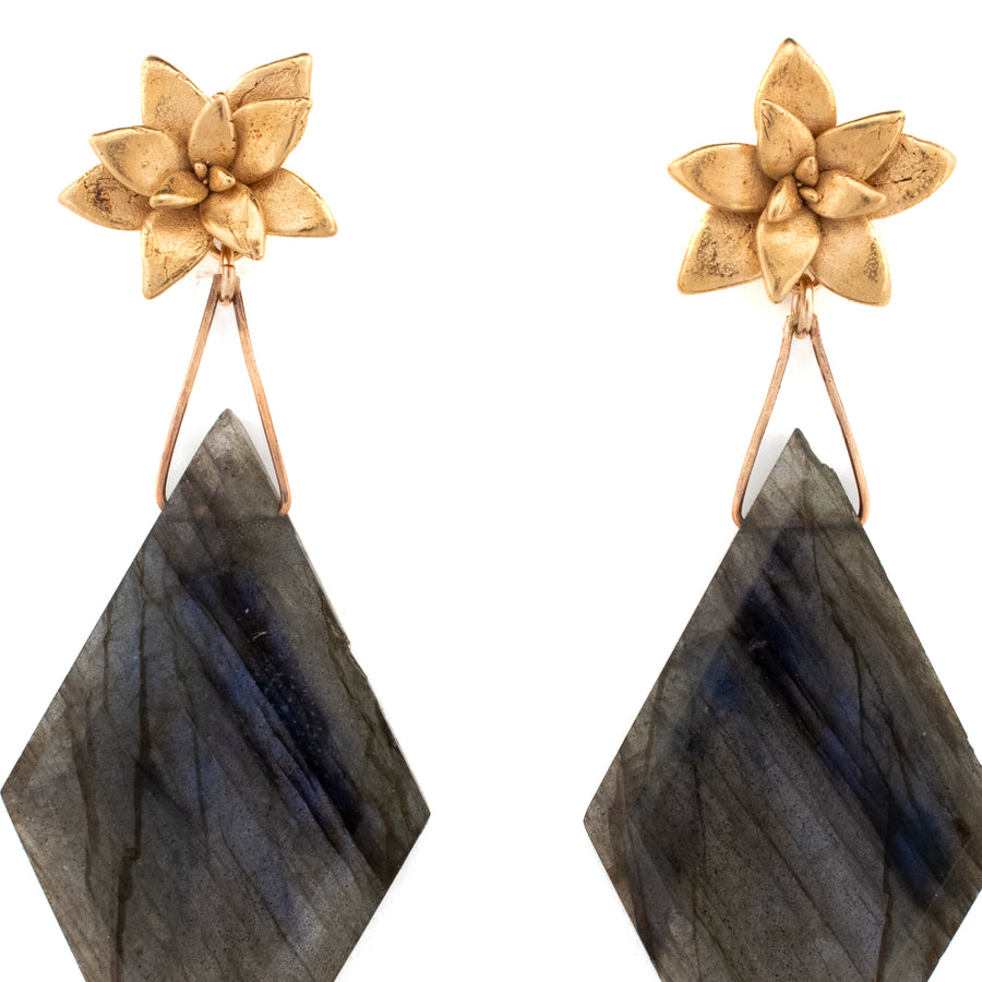 gold vermeil floral succulent stud earrings with labradorite diamond drops