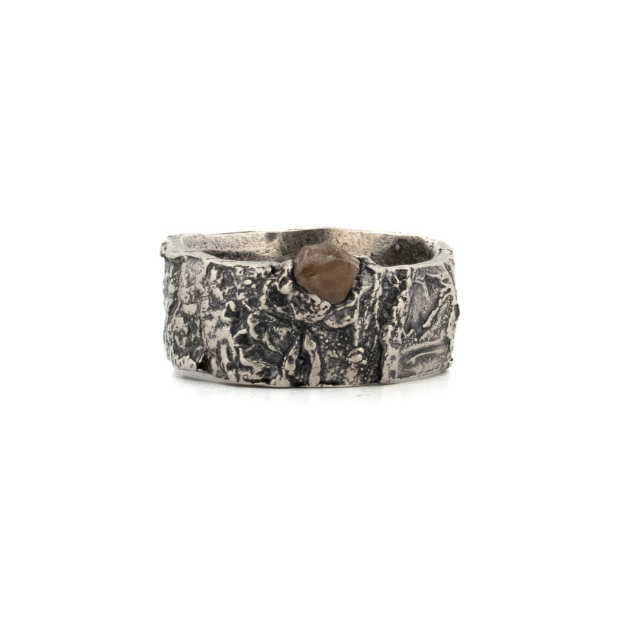 sterling silver bark band with raw diamond