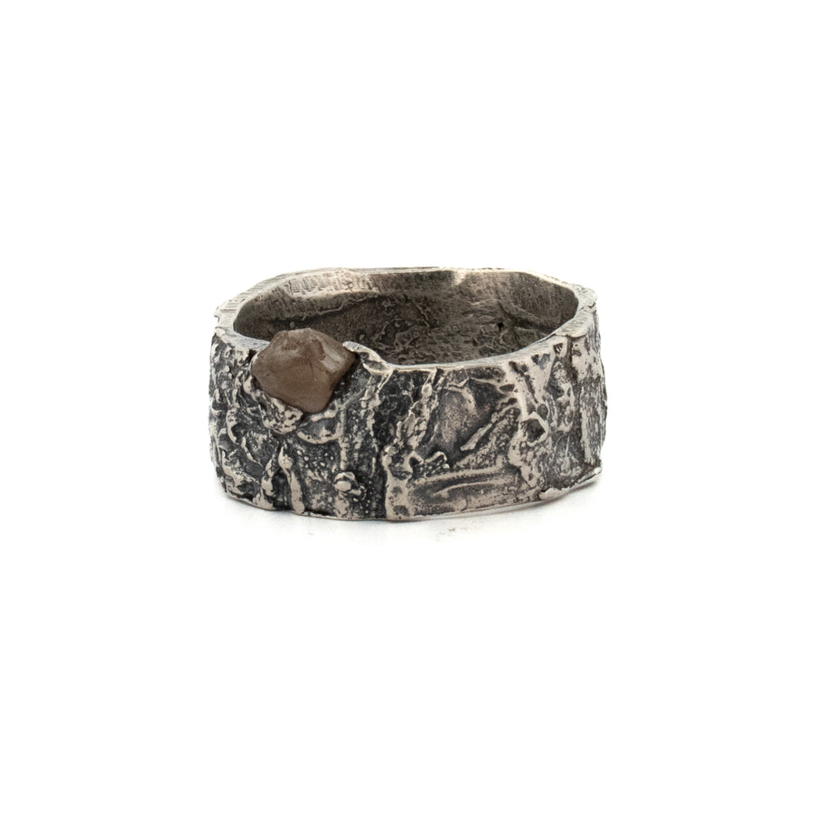 sterling silver bark band with raw diamond