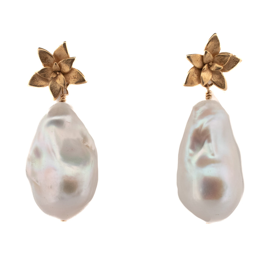 gold vermeil floral succulent stud earrings with large flame freshwater pearls drops