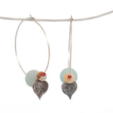 sterling silver string of hearts and gemstone beads hoop earrings