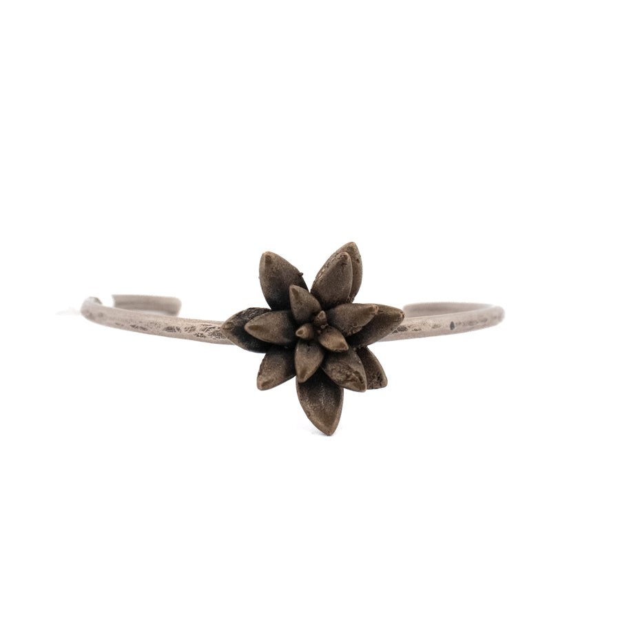 bronze floral succulent on sterling silver cuff bracelet