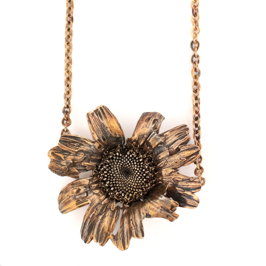 gold vermeil and silver oxidized large daisy flower necklace