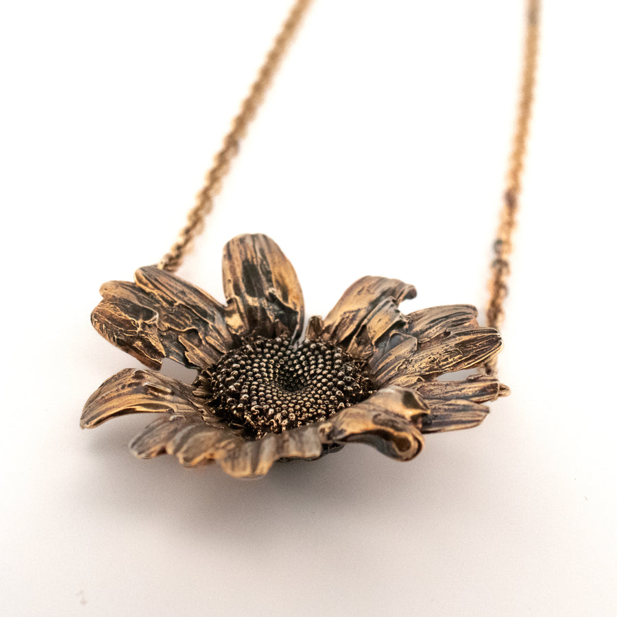 gold vermeil and silver oxidized large daisy flower necklace