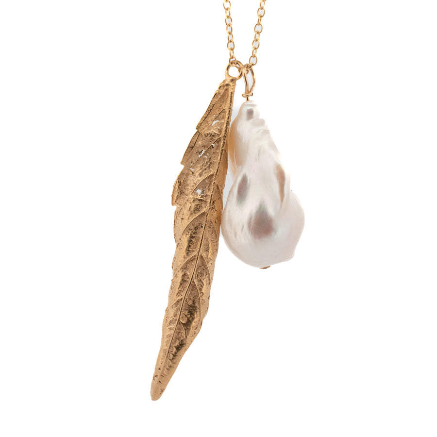 gold vermeil cannabis leaf necklace with flame pearl