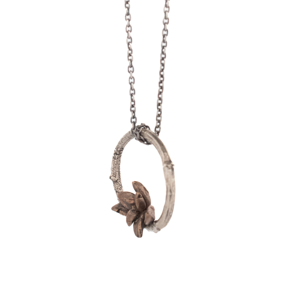 sterling silver willow necklace : single ring with bronze floral succulent