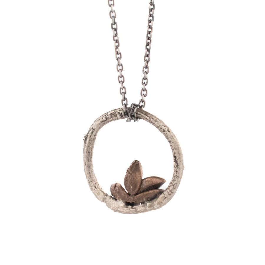 sterling silver willow necklace : single ring with bronze floral succulent