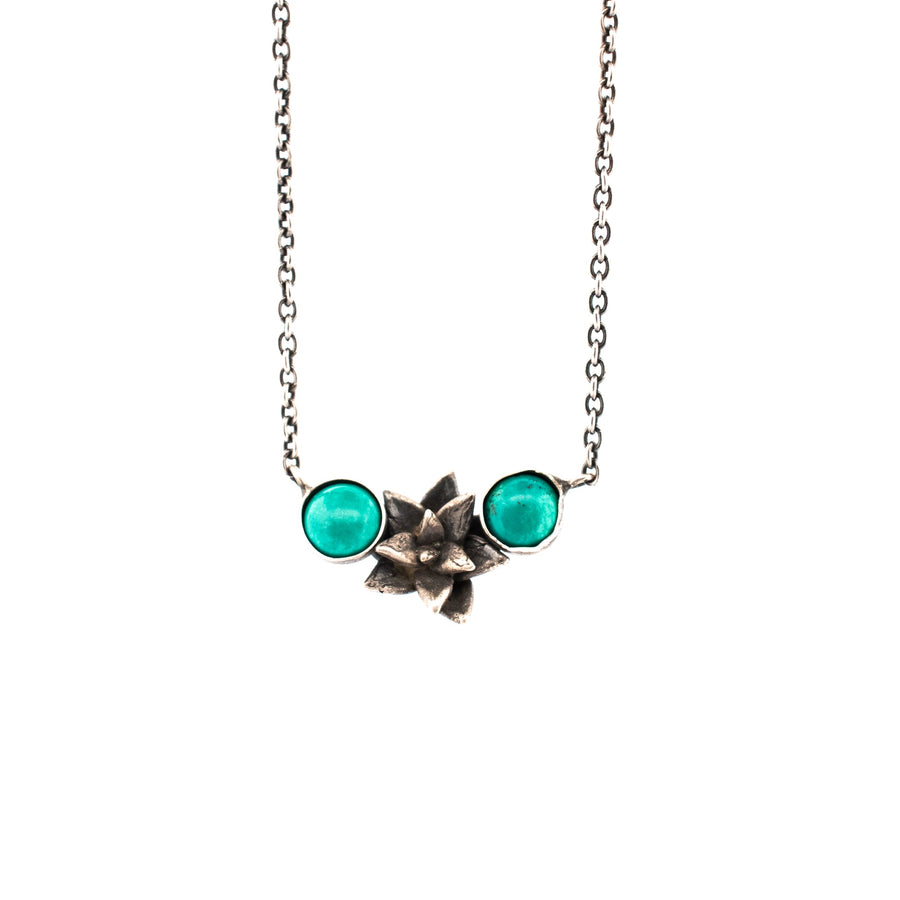 sterling silver floral succulent and two turquoise stones necklace