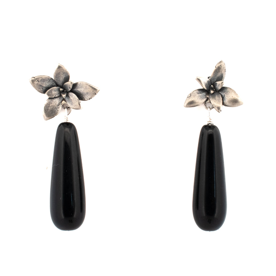 silver floral succulent stud earrings with black onyx drops