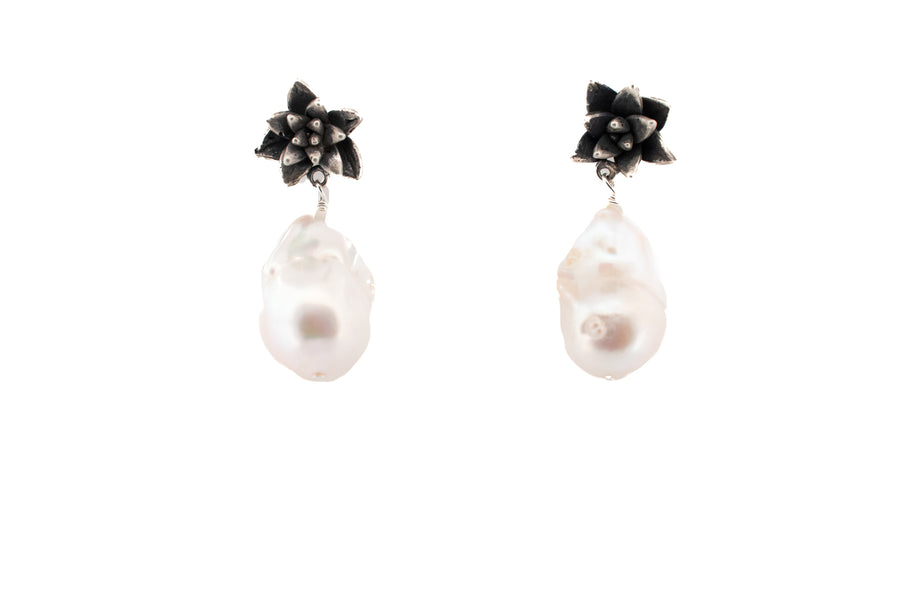 floral succulent earrings with large flame pearl drops
